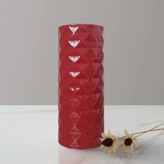 紅色圓柱形陶瓷花瓶 鑽石紋客廳插花擺件裝飾品, 花瓶