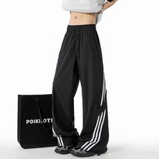 斜切拉鏈彎刀衛褲 垂感休閒褲 寬鬆直筒闊腿褲, M码 建议体重（50-62.5公斤）, 黑色