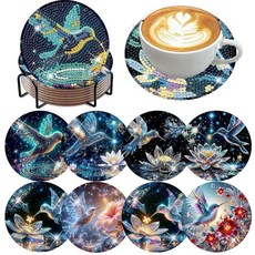 Mrpwnle 8팩 거북이 다이아몬드 아트 컵받침 키트 바다 거북 다이아몬드 페인팅 컵받침 키트 세트 홀더 코르크 패드 포함 DIY 다이아몬드 아트 미끄럼 방지 컵받침 공, Crystal Hummingbird Coasters