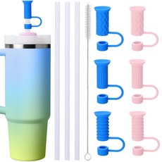 Mity rain Stanley용 실리콘 빨대 토퍼 빨대 커버 및 스테인리스 스틸 빨대 Stanley Cup 11.2g/1.2L(30/40온스) 텀블러 액세서리 먼지/누출, 핑크+블루 PE