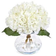 Lovmeety 화이트 수국 조화 꽃병 실제 터치 수국 꽃 인조 물 꽃꽂이 유리 꽃병 가정 욕실 사무실 테이블 센터피스 선반 장식