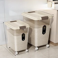 식품 등급 쌀 보관함 주방 밀가루 보관 용기 밀폐 방습 방충 대용량 30kg 60kg 플라스틱 용기, 바퀴 달린 노란색 투명 [30+ 30kg