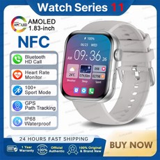 2026년 워치 시리즈 11 스마트 울트라 팔찌 IP68 GPS 피트니스 스포츠 통화 NFC HD AMOLED 방수, 1 85 HD Large Screen, Grey