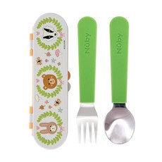 Nuby 여행용 케이스가 있는 스테인리스 스틸 유아용 식기 - 아동용 셀프 피드 포크 및 스푼 세트 - 잡기 쉬운 훈련 기구 - 스스로 먹이를 위한 둥근 안전한 자리 - 숲 동, Forest Animals