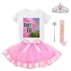 Black Magic 생일 소녀 의상: 티셔츠 튀튀 스커트 드레스 왕관 및 새틴 새시 (화이트 11-12세) 270233