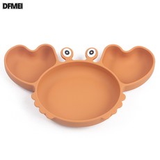 DFMEI 螃蟹卡通雙色硅膠餐盤 強力吸盤碗 嬰幼兒餐盤套裝 兒童硅膠餐盤, 1個, Y25, 螃蟹餐盤+圍兜+木柄勺叉