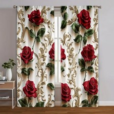2개 고급 커튼 2D 프린트 빨간 장미 & 황금 꽃 패턴 폴리에스테르 직물(막대 제외) 올 시즌 침실 및, 02 41x90in(105x230cm)