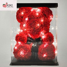 KiKi & Shop 永生花獨角獸玫瑰花禮盒 聖誕情人節生日禮物 女友閨蜜禮物, 紅色經典款小熊+禮盒+燈