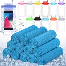 BBTO 쿨링 타월 24개 방수 휴대폰 파우치 세트 101.6 x 30.5cm(40 x 12인치) 블루 아이스 타월 30.5cm(12 x 6.7인치) 수중 휴대폰 드라이 백, 24