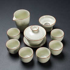 DIU 汝窯茶具套裝茶杯茶壺陶瓷泡茶蓋碗功夫茶具整套高檔, 1個, 10頭汝窯黃-茶具套裝（蓋碗款）:如圖