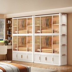 組裝式衣櫃 折疊收納櫃 多層儲物櫃 簡易衣櫃 成人衣櫃 玩具收納箱 客廳置物櫃, 1個, 90麵寬-1衣櫃+2中格,【實色與透明】收納有序