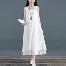 Asure 여자 민소매 나시원피스 라운드 린넨 롱원피스