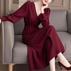 봄 가을 여성 긴팔 롱 원피스 빅사이즈 브이넥 허리 조임 슬림 정장 원피스 데일리 여자 하객룩 원피스 YJW