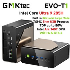 GMKtec EVO-T1 AI 미니 PC 인텔 코어 울트라 9 285H 2DDR5 3PCIe40 데스크탑 슈퍼컴퓨팅 센터 내장형 32b L, 01 Ultra 9 285H, 01 미국, 06 64GB RAM 4TB SSD