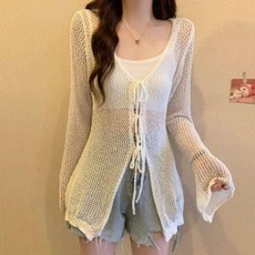 패션스타일 펀칭 여름 스트링 니트 롱 비치룩 미디 시스루 비치웨어 가디건 슬림한 망사 비치