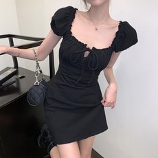cammello 딥스퀘어 넥 퍼프소매 블랙 미니 원피스 미니드레스