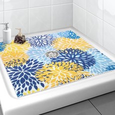 정사각형 샤워 매트 Yonala 61 x 61cm(24 x 24인치) 세련된 미끄럼 방지 샤워 매트 중앙 배수 구멍이 있는 내부 샤워용 부드럽고 다듬을 수 있는 PVC 수, 다채로운 꽃