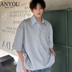 ANYOU 블랙 페이크 투피스 반팔 남성 여름 트렌드 폴로 셔츠 고급감 깡패 오분팔 상의항 바람
