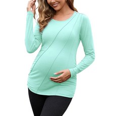 DEBELLY 임산부 긴소매 셔츠 플리츠 크루넥 임산부 상의 여성용 사이드 주름 장식 작업 라운지 다크 그레이. L, 연한 녹색