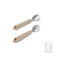 KUKU酷咕鴨 KUKU PLUS 寶寶矽膠不鏽鋼餐具組 安全材質 易於抓握 培養自主用餐習慣, 1個, 伯爵奶