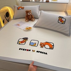 2026新款涼席墊三件組：夏季冰涼床墊，學生宿舍涼蓆，含枕套，親膚透氣單人涼席, 萌寵夥伴,180x200公分三件套