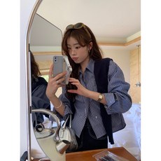 SML사이즈추가 여성 스트라이프 세미 크롭 셔츠 남방 블라우스 빅사이즈