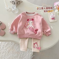 女童美人魚大學T 2025冬季新款 寶寶貼布套頭衫 兒童卡通刷毛加厚內搭褲 韓版甜美