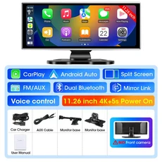 휴대용 11.26인치 대시캠 4K 카메라 무선 카플레이 & 안드로이드 오토 비디오 레코더 모니터 차량용 DVR GP, 01 T313-No Front Cam