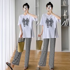 패션 임부복 상하의 세트 봄 여름 임산부 루즈핏 트임 반팔티 상의 + 슬림핏 체크 배기 팬츠 캐주얼 트레이닝 투피스 WMY