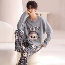 긴팔 구름 면 잠옷 남성 가을 겨울 투피스 세트 간결한 만화 라운드 넥 풀오버 홈웨어, 4사이즈(2XL, 3XL), LXE-968.2번#라부부