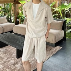 亞麻男萊賽爾天絲休閒套裝男夏季老錢風鬆弛感穿搭短袖短褲兩件套
