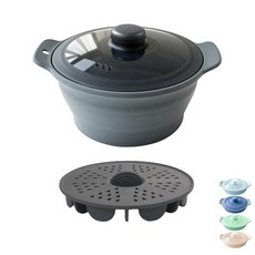 야채용 실리콘 전자레인지 찜기 손잡이 및 뚜껑이 있는 전자레인지용 쿠커 접이식 스팀 포트 스팀 구멍이 있는 내열성 쿠커 BPA 프리 식기 세척기 사용 가능 (다크 블루, 회색