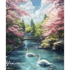 호우맘 액자 캔버스형 보석십자수 DIY 키트 40 x 50 cm, 1개, HM-127 백조 풍경도