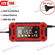 호환12V 15A 배터리 충전기 Lifepo4 납 산성 AGM 젤 리튬 철 인산염 스마트 LED 디스플레이 자동차 모토, 04 EU-Plug