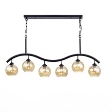 琥珀色玻璃六燈吊燈，黑色金屬燈架，E27燈頭，客廳餐廳適用, 琥珀