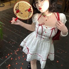 微胖mm 甜美少女小飛袖 夏季蝴蝶結 收腰法式氣質連衣裙 公主蓬蓬短裙