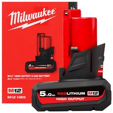 밀워키공식대리점 M12 HB5 12V 5.0Ah 전동공구 리튬이온 배터리 충전 밧데리, 1개