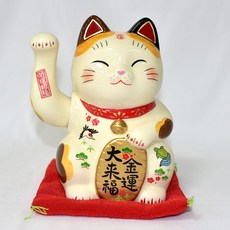 日本藥師窯 電動招手招財貓 擺飾 陶器 21cm kc510, 米白色