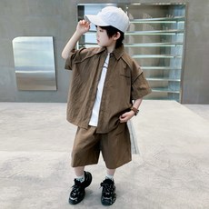 兔巴叮童裝 男大童夏裝韓版痞帥冰絲速乾短袖襯衫套裝 兒童夏季休閒兩件套