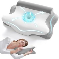 를 위한 JOLYVOGUE 목 베개 - 냉각 커버가 있는 윤곽 메모리 폼 경추 베개 옆구리 위 침목을 인체공학적 정형외과 지원 그레이 및 다크 블루, Grey & White