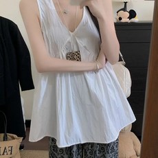 투니스 여성 루즈핏 단색 브이넥 민소매 셔츠