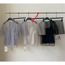 性感透膚網紗罩衫細肩帶背心三件式套裝, 灰