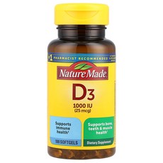 Nature Made 네이처메이드 비타민 D3 25mcg 1 000IU 100 소프트젤 비타민D 보충제, Nature Made 네이처메이드 비타민 D3 25mc, 1개