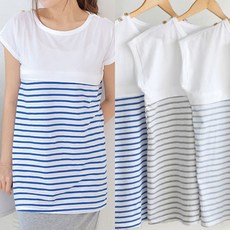 여름 반팔 지퍼형 수유티 스트라이프 배색 어깨단추 면100 수유복