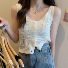 신상품 쿠팡창엽커머스여성 여름 민소매 니트 나시 펀칭 슬리브리스 가디건