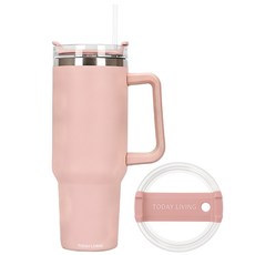 투데이리빙 1.18리터 대용량 스텐 텀블러 + 빨대 포함 손잡이 이중 보온 보냉병 아이스 스트로 플로우 보틀 리유저블 핸들 보냉 보온병 캠핑 콜드컵 물병 워터 물통 빨대컵, 1개, 1.18L, 핑크