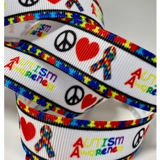 자폐증 인식 프린트가 있는 화이트 그로그랭 리본 - 7/8인치 너비 - 5야드. - 머리끈 장식 선물 포장 또는 디스플레이에 적합합니다. 폴리에스터 리본 단면 프린, 자폐증 인식 프린트가 있는 화이트 그로그랭 리본 - 7, 1개