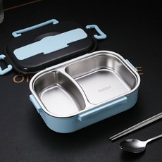 DIU 飯盒304不鏽鋼分格便當盒加厚保溫加熱快餐盒學生上班族旅客餐盒, 1個, 藍色二格1L, 無餐具