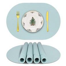 실리콘 플레이스 매트 식탁용 타원형 매트 4개 세트 미끄럼 방지 방수 내열성 테이블 파티오 테이블용 야외 (라이트 블루 타원형), 라이트 블루-타원형