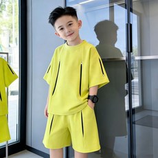 男童夏季短袖套裝 時尚休閒潮流, 1個, L-237-果綠色夏季短袖套裝110 建議身高110公分左右